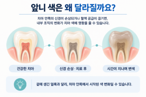 신경치료 후 시간이 지나면서 앞니가 어두워질 수 있는 변색 과정을 설명한 이미지