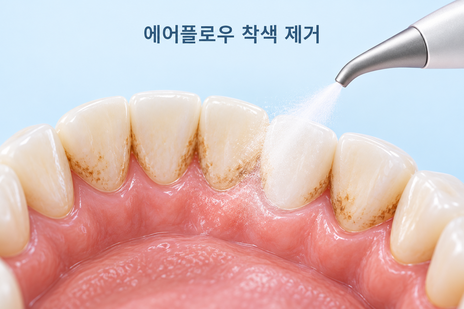 물·공기·미세 파우더를 이용한 에어플로우 착색 제거 원리의 AI 설명 이미지, air polishing illustration; 실제 환자 사진 아님